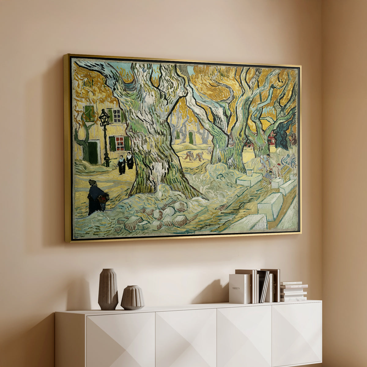 The Large Plane Trees (Road Menders at Saint-Rémy), 1889 - Floater Framed Canvas Print