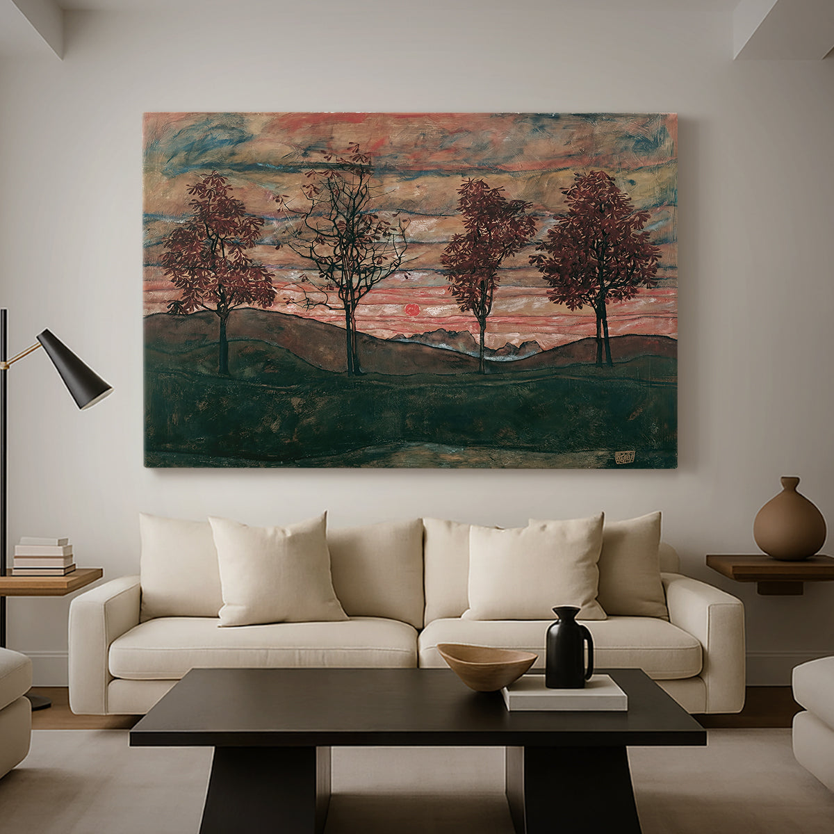 Canvas art print featuring a stylized nature scene with strong outlines and simple composition, displayed in a spacious living room