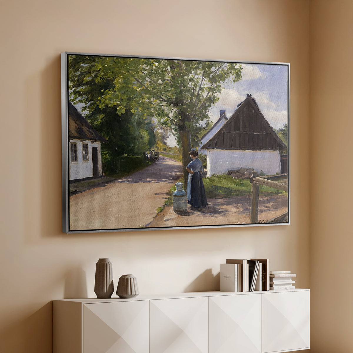 Danish Village Street with Woman and Milkman, 1880 - Floater Framed Canvas Print
