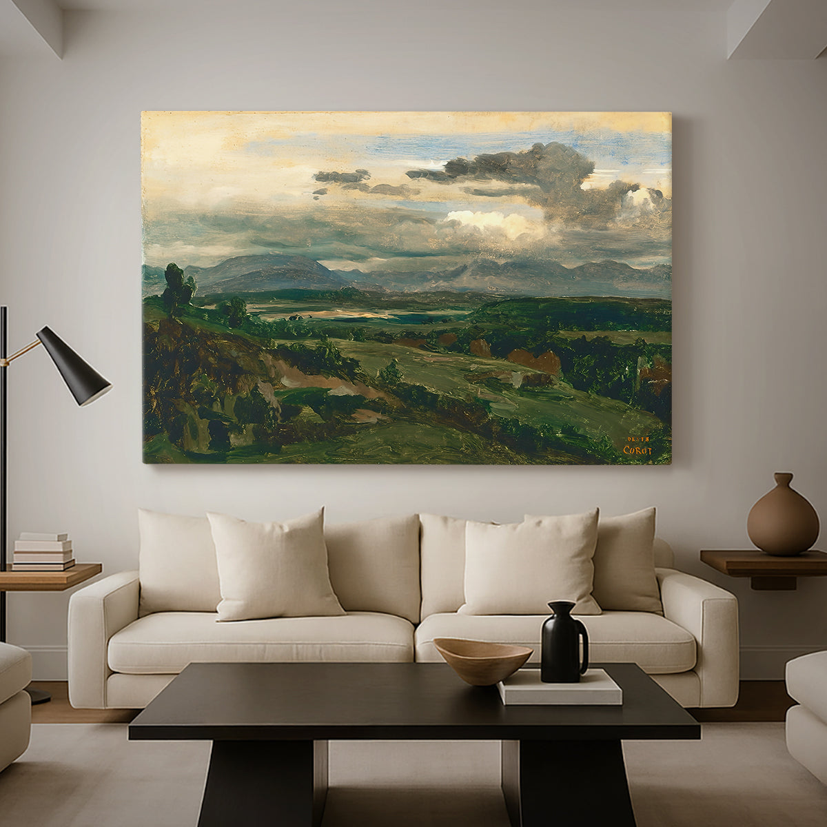 Canvas art print featuring an atmospheric landscape with architecture and elevation, displayed in a spacious living room