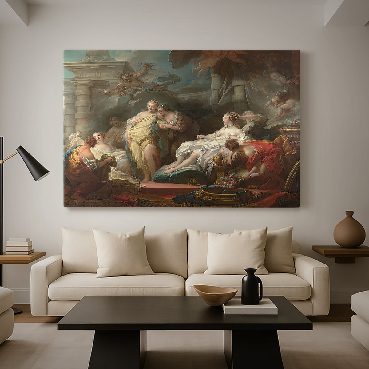 Canvas art print featuring an expressive composition with multiple women and soft drapery, displayed in a spacious living room
