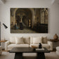 Canvas art print featuring a composition showing scale of church with people below, displayed in a spacious living room