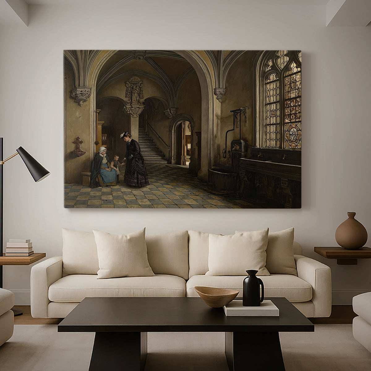 Canvas art print featuring a composition showing scale of church with people below, displayed in a spacious living room
