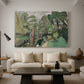 Canvas art print featuring a stylized landscape with a fisherman in nature, displayed in a spacious living room