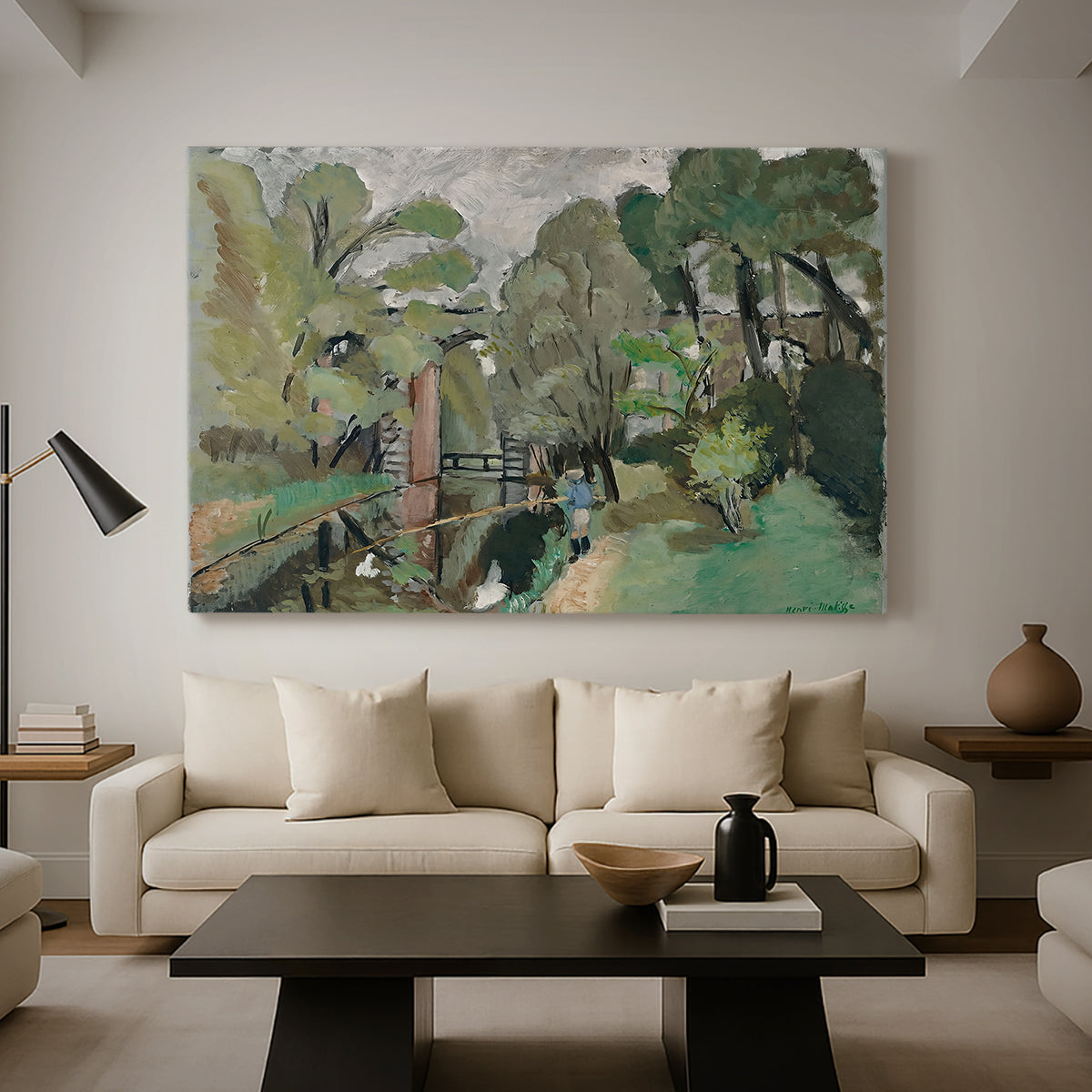 Canvas art print featuring a stylized landscape with a fisherman in nature, displayed in a spacious living room