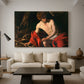 Canvas art print featuring a biblical youth seated outdoors with symbolic staff and minimal landscape, displayed in a spacious living room