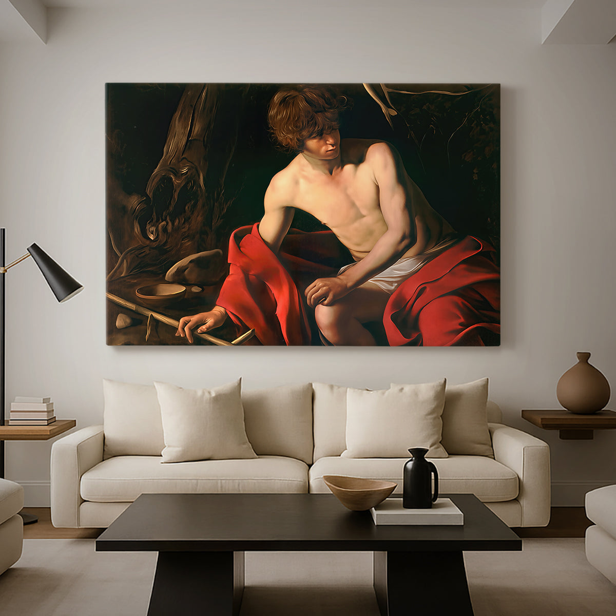 Canvas art print featuring a biblical youth seated outdoors with symbolic staff and minimal landscape, displayed in a spacious living room