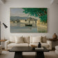 Canvas art print featuring a soft atmospheric view of city beside water, displayed in a spacious living room