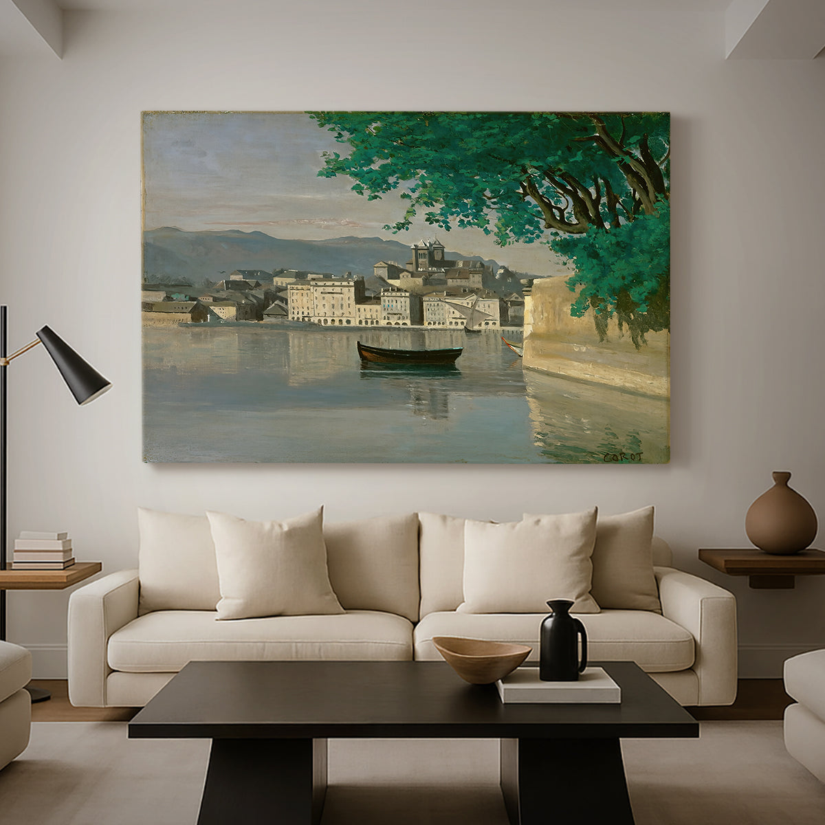 Canvas art print featuring a soft atmospheric view of city beside water, displayed in a spacious living room