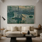 Canvas art print featuring an early morning harbor scene with boats and diffused light, displayed in a spacious living room