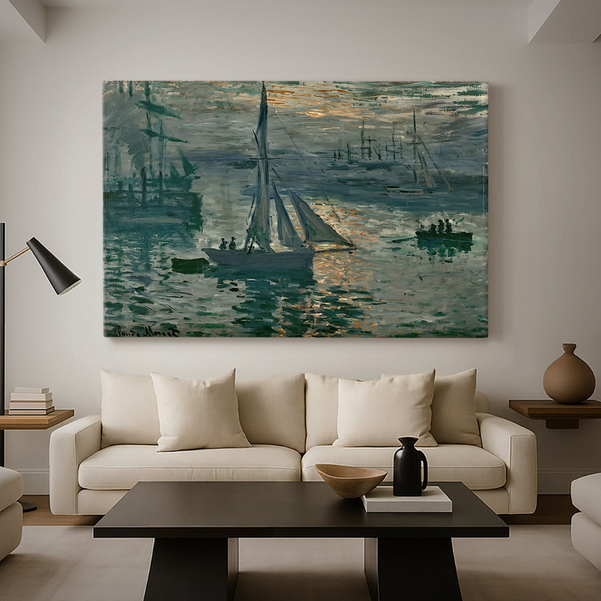 Canvas art print featuring an early morning harbor scene with boats and diffused light, displayed in a spacious living room