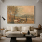 Canvas art print featuring an expressive countryside view with building, displayed in a spacious living room