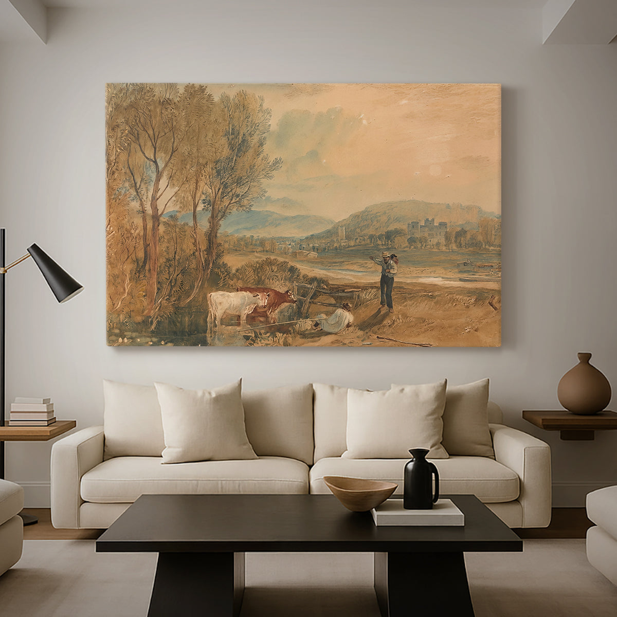 Canvas art print featuring an expressive countryside view with building, displayed in a spacious living room
