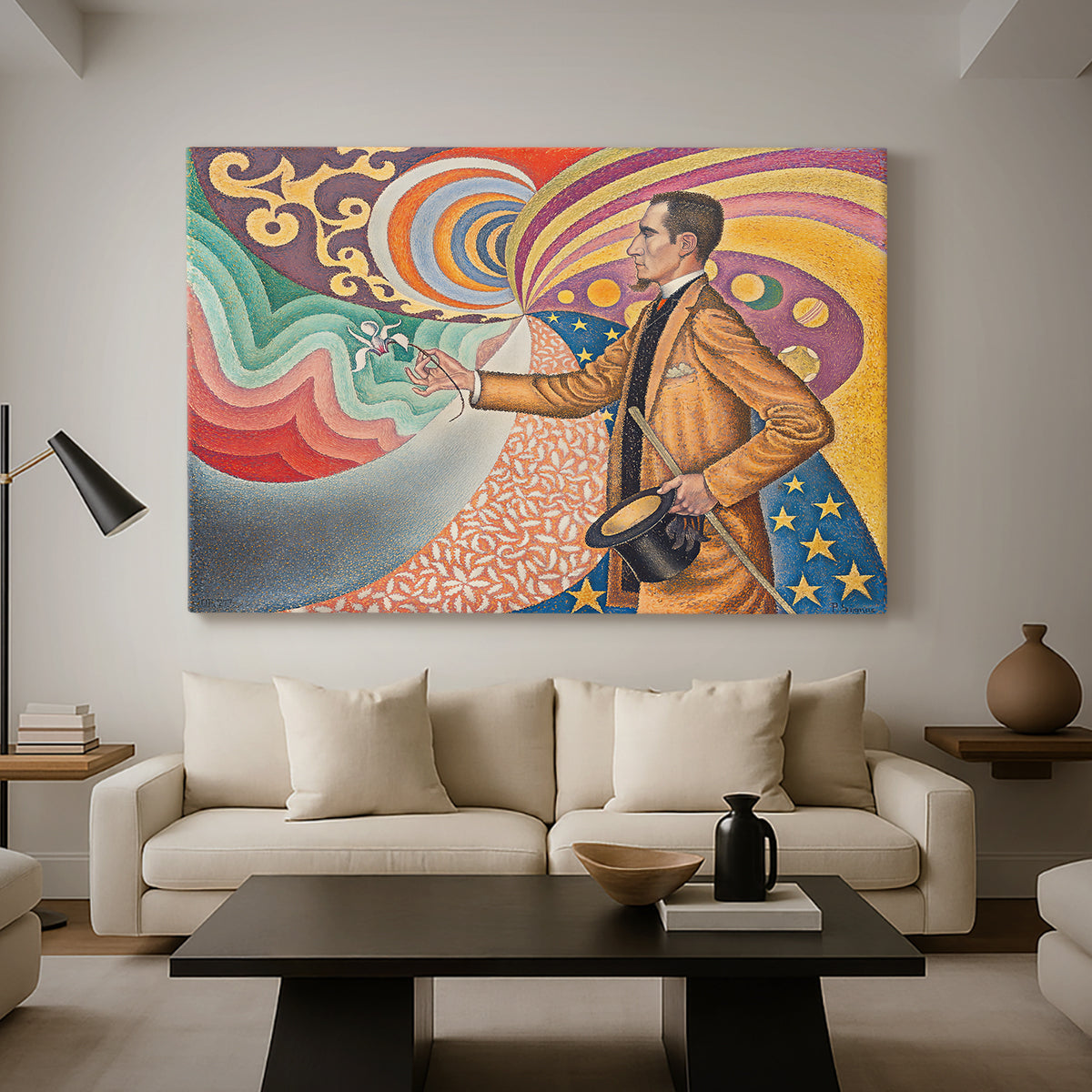 Canvas art print featuring an expressive figure with ornamental design, displayed in a spacious living room