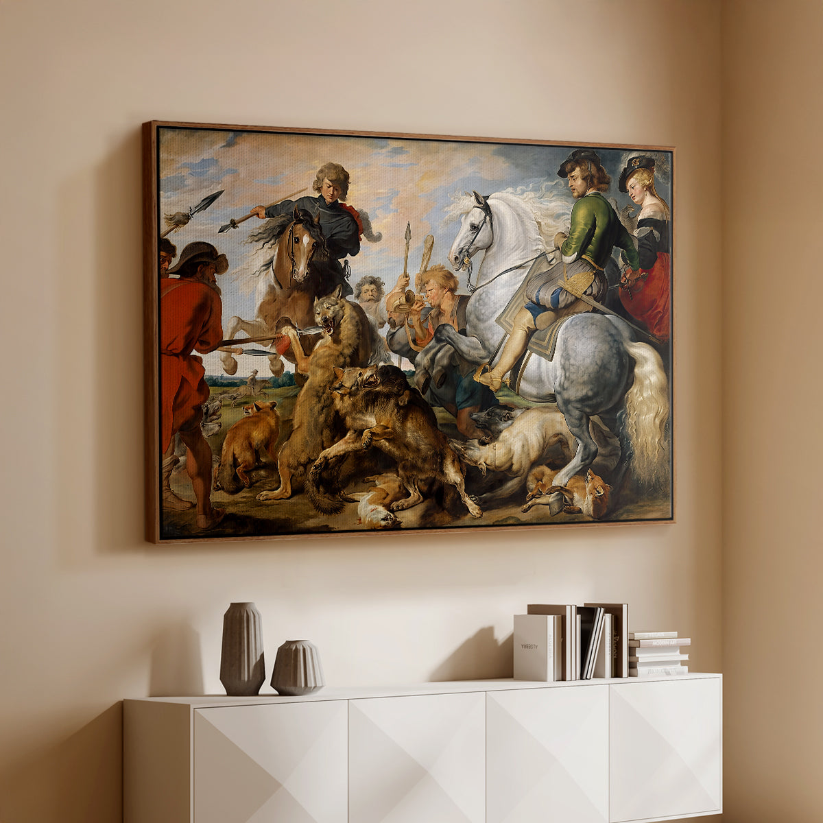 The Wolf and Fox Hunt, c. 1616 - Floater Framed Canvas Print