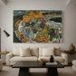 Canvas art print featuring an expressionist depiction of island town with geometric forms, displayed in a spacious living room