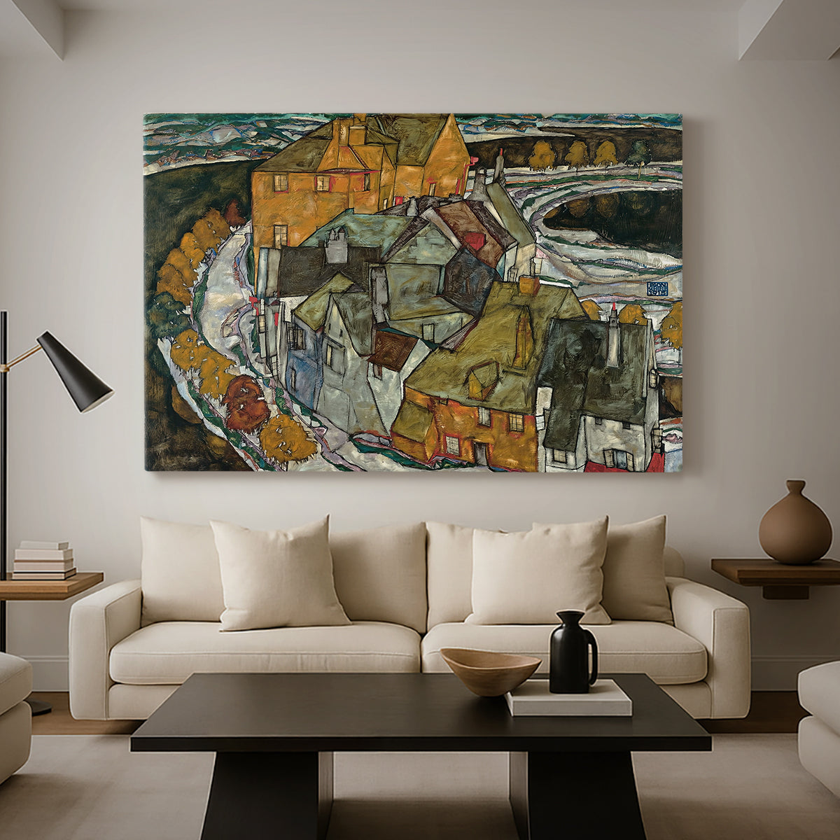 Canvas art print featuring an expressionist depiction of island town with geometric forms, displayed in a spacious living room
