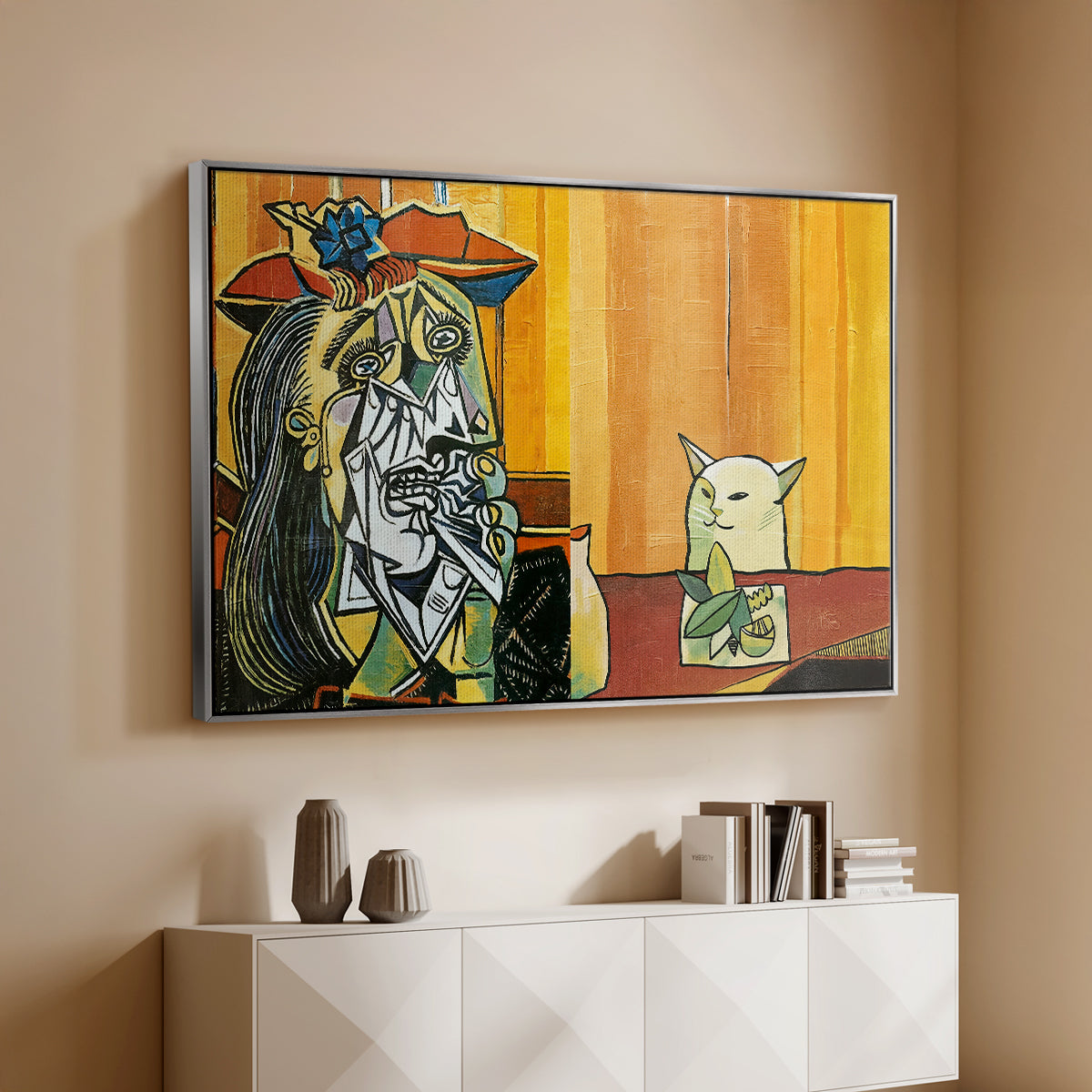 Woman Yelling at a Cat Meme (Picasso Parody) - Floater Framed Canvas Print