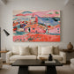 Canvas art print featuring a Fauvist cityscape of a seaside town in vivid tones, displayed in a spacious living room