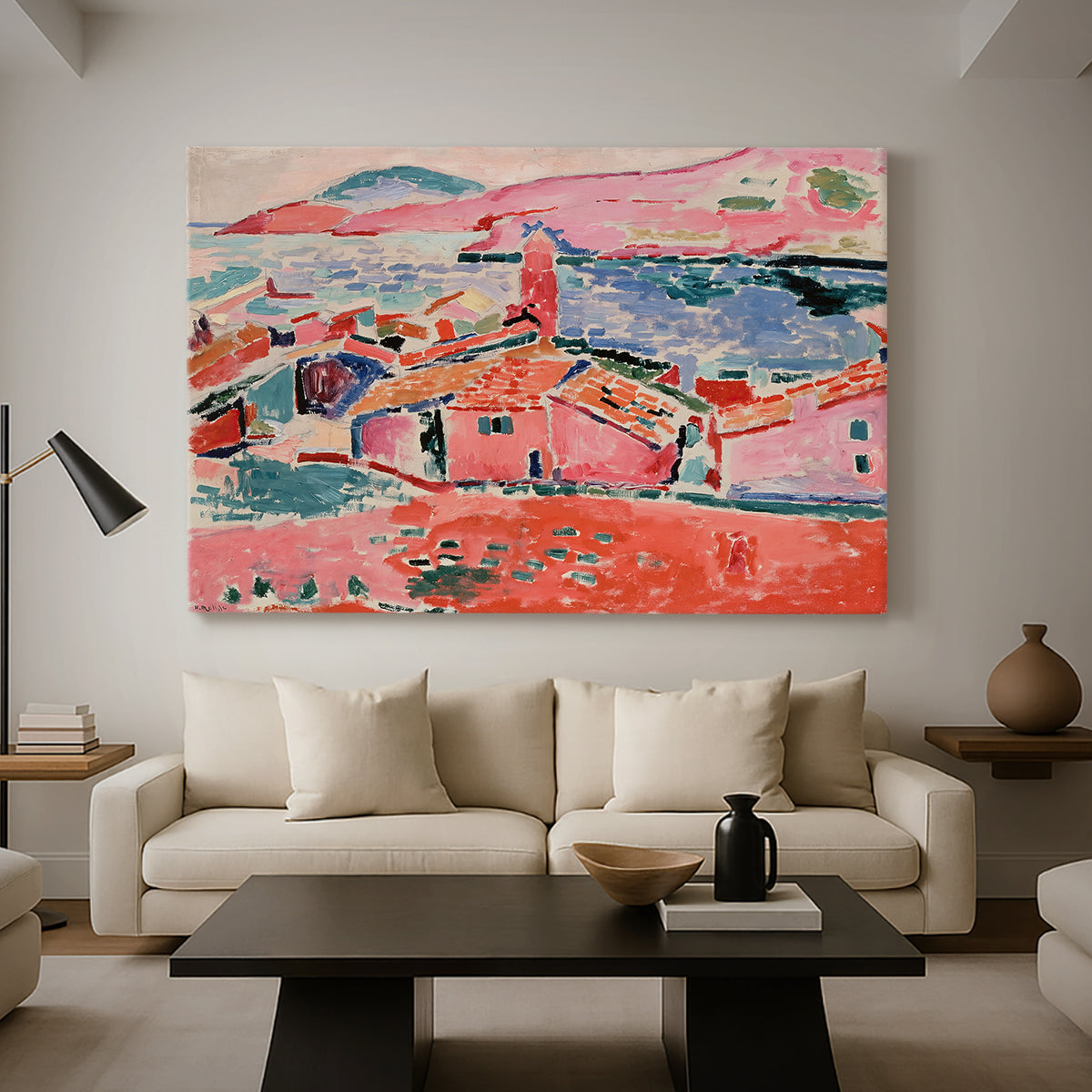 Canvas art print featuring a Fauvist cityscape of a seaside town in vivid tones, displayed in a spacious living room
