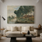 Canvas art print featuring an atmospheric landscape with trees and distant horizon, displayed in a spacious living room