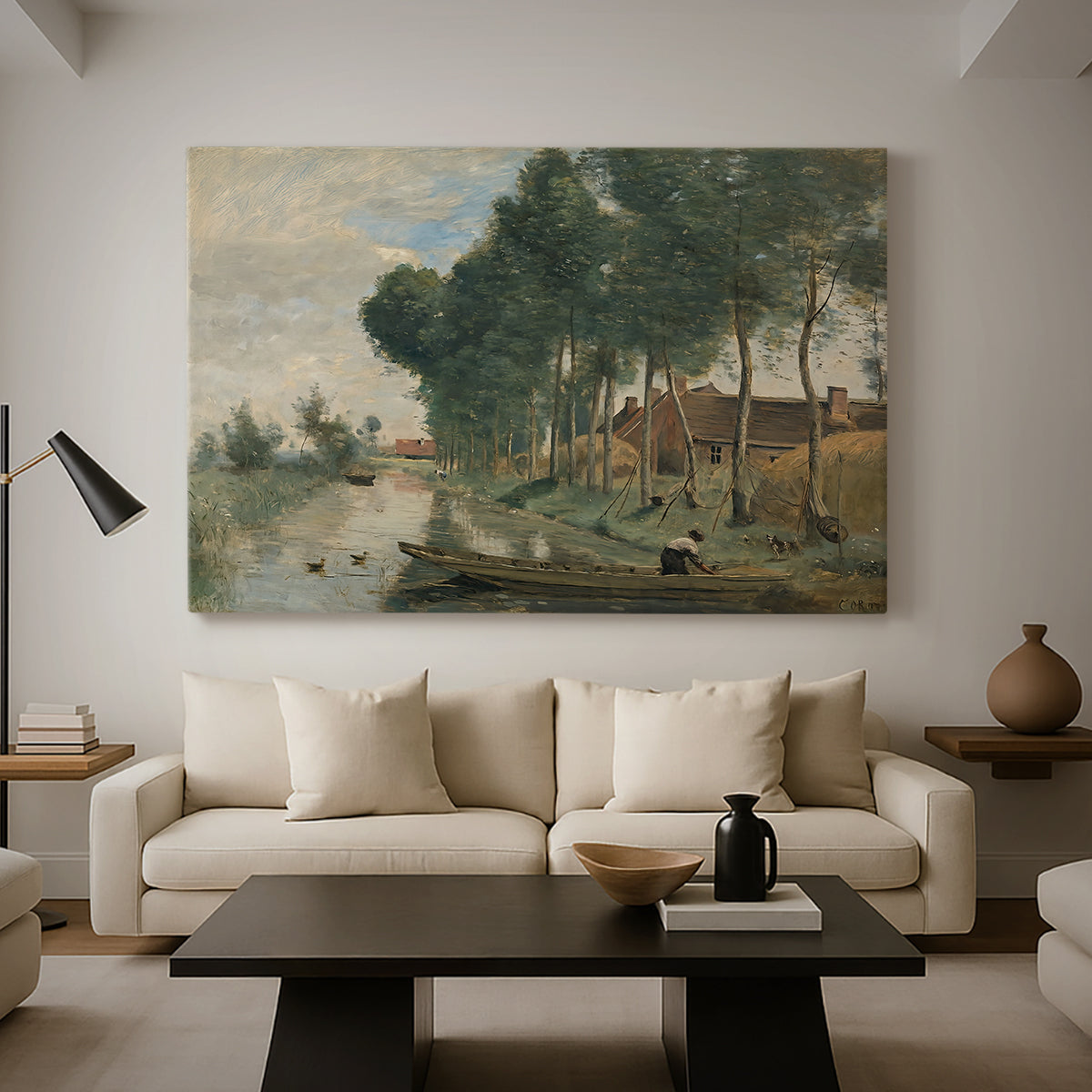 Canvas art print featuring an atmospheric landscape with trees and distant horizon, displayed in a spacious living room