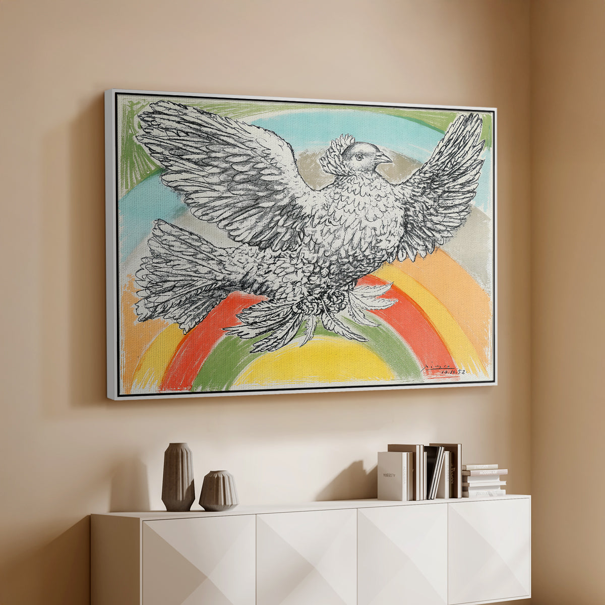Flying Dove with Rainbow (Colombe volant à l'Arc-en-ciel), 1952 - Floater Framed Canvas Print