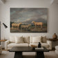 Canvas art print featuring a pastoral scene with sheep arranged in rural field, displayed in a spacious living room