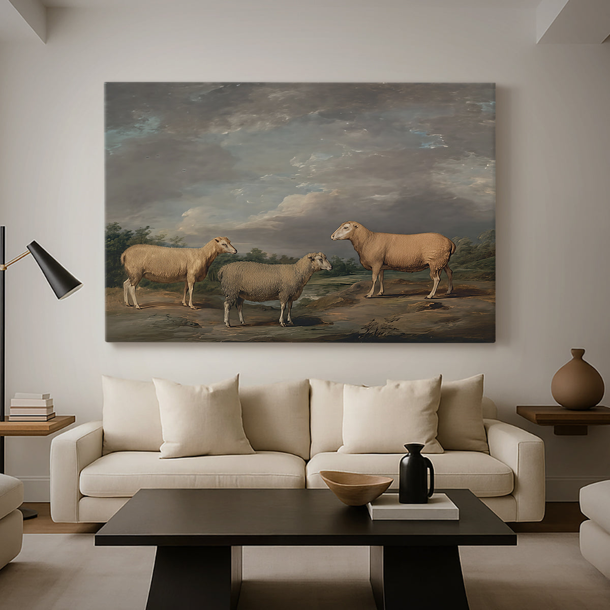 Canvas art print featuring a pastoral scene with sheep arranged in rural field, displayed in a spacious living room