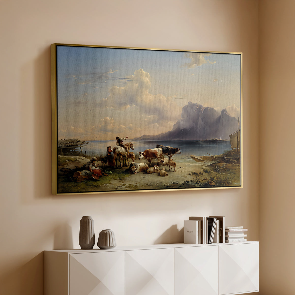 Shepherds and Cattle on Lake Attersee, 1852 - Floater Framed Canvas Print