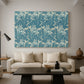 Canvas art print featuring a patterned composition with symmetrical botanical elements, displayed in a spacious living room