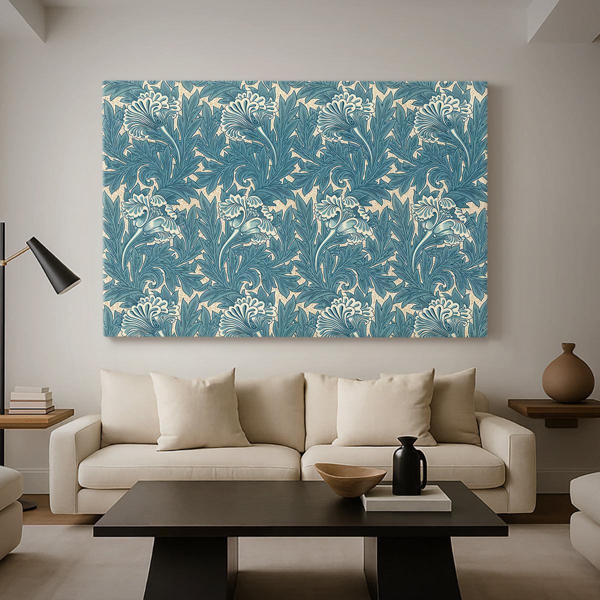 Canvas art print featuring a patterned composition with symmetrical botanical elements, displayed in a spacious living room