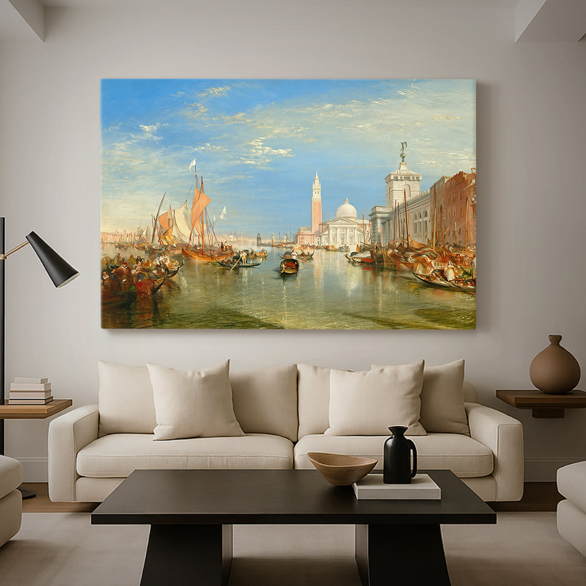 Canvas art print featuring an atmospheric scene with reflections, displayed in a spacious living room