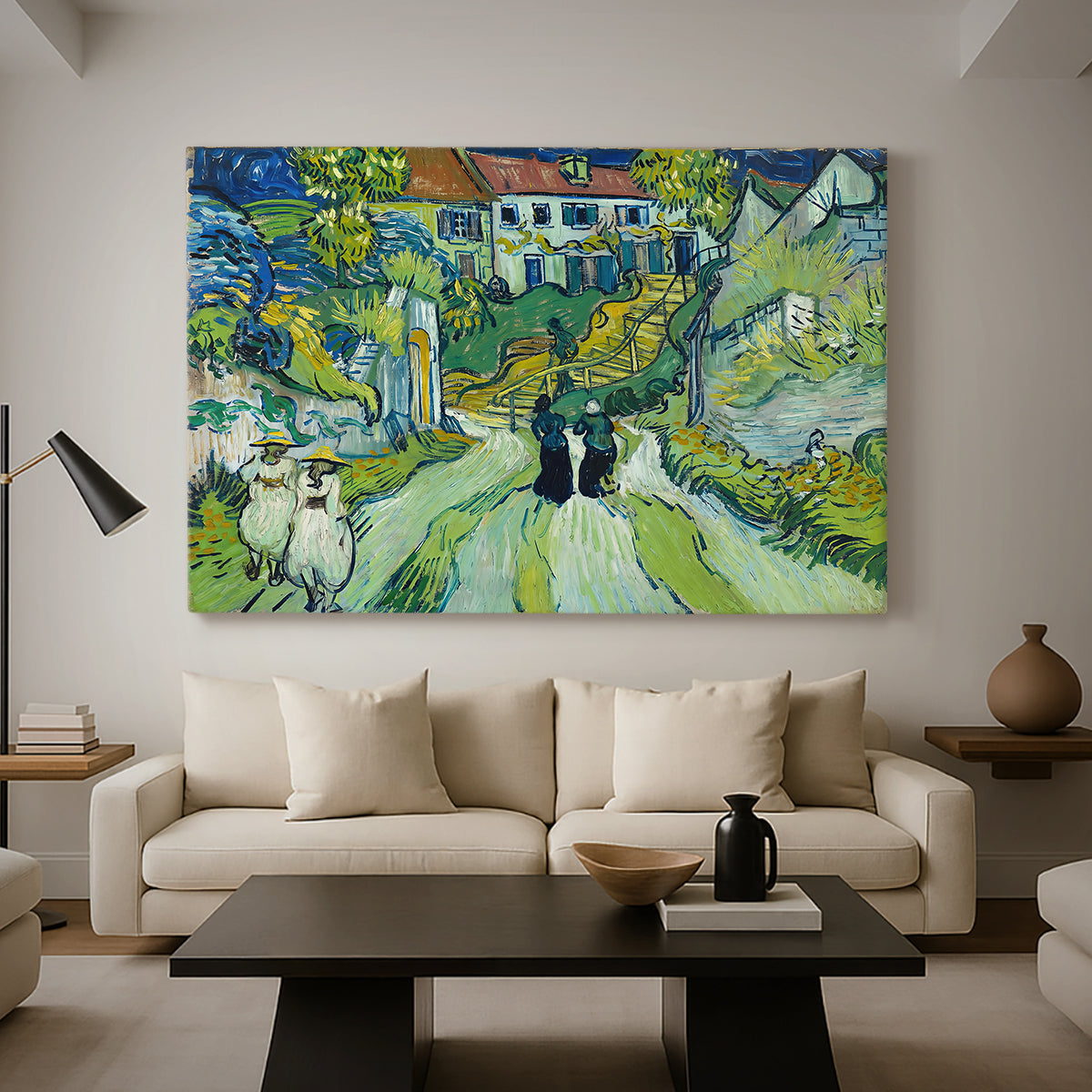 Canvas art print featuring a post-impressionist urban composition with perspective, displayed in a spacious living room