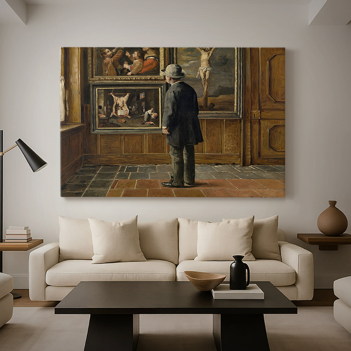 Canvas art print featuring a solitary figure viewing artwork in detailed interior, displayed in a spacious living room