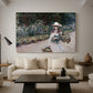 Canvas art print featuring a figure resting in colorful garden under soft light, displayed in a spacious living room