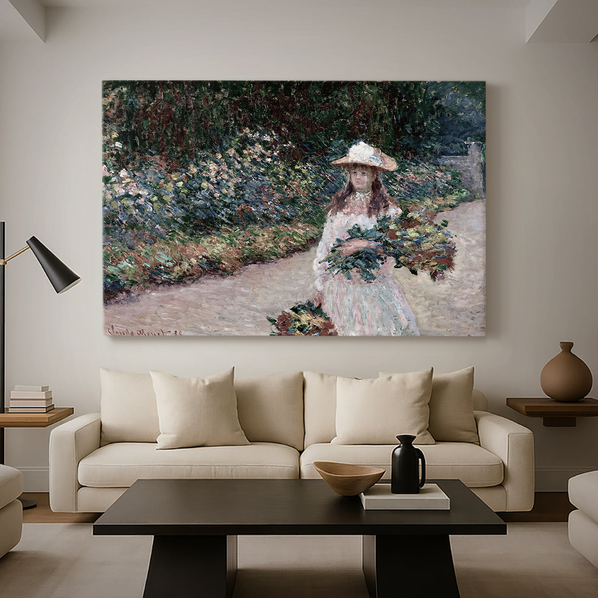 Canvas art print featuring a figure resting in colorful garden under soft light, displayed in a spacious living room