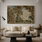 Canvas art print featuring an expressive scene combining building and nature, displayed in a spacious living room