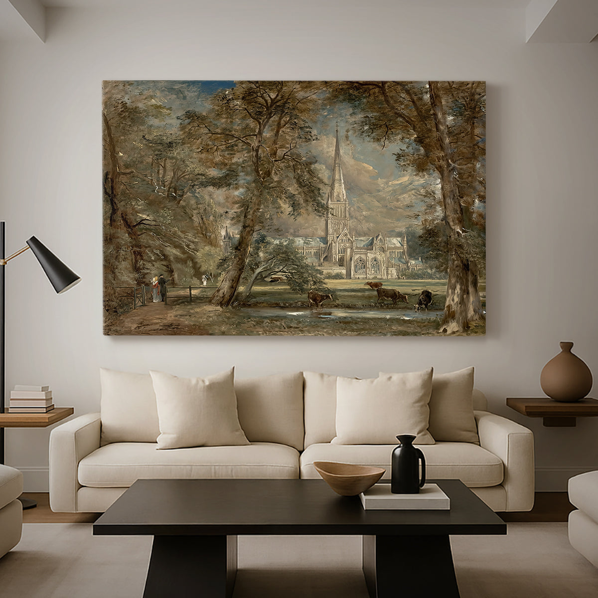 Canvas art print featuring an expressive scene combining building and nature, displayed in a spacious living room