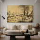 Canvas art print featuring a rustic village scene with skaters and snow-covered terrain, displayed in a spacious living room