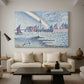 Canvas art print featuring a pointillist harbor entrance with shoreline, displayed in a spacious living room