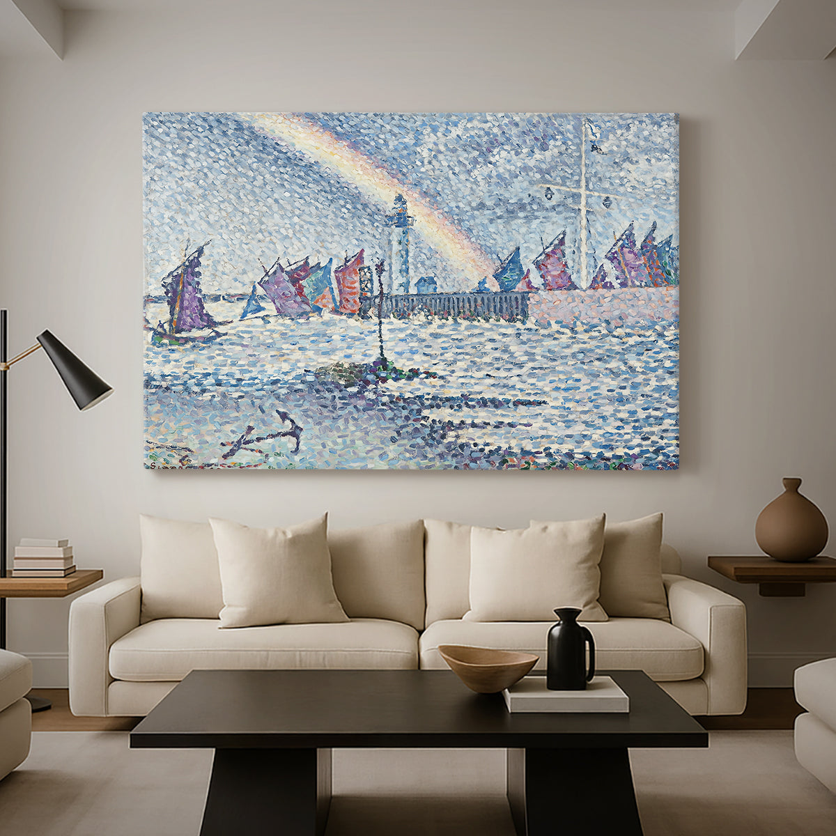 Canvas art print featuring a pointillist harbor entrance with shoreline, displayed in a spacious living room