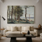 Canvas art print featuring a soft landscape combining nature and spiritual monument, displayed in a spacious living room