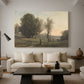 Canvas art print featuring a tranquil landscape with distant horizon and soft tones, displayed in a spacious living room
