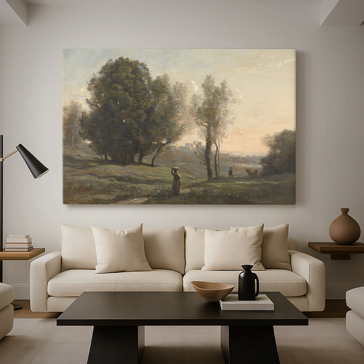 Canvas art print featuring a tranquil landscape with distant horizon and soft tones, displayed in a spacious living room
