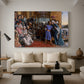 Canvas art print featuring a religious scene with figures arranged in architectural space, displayed in a spacious living room