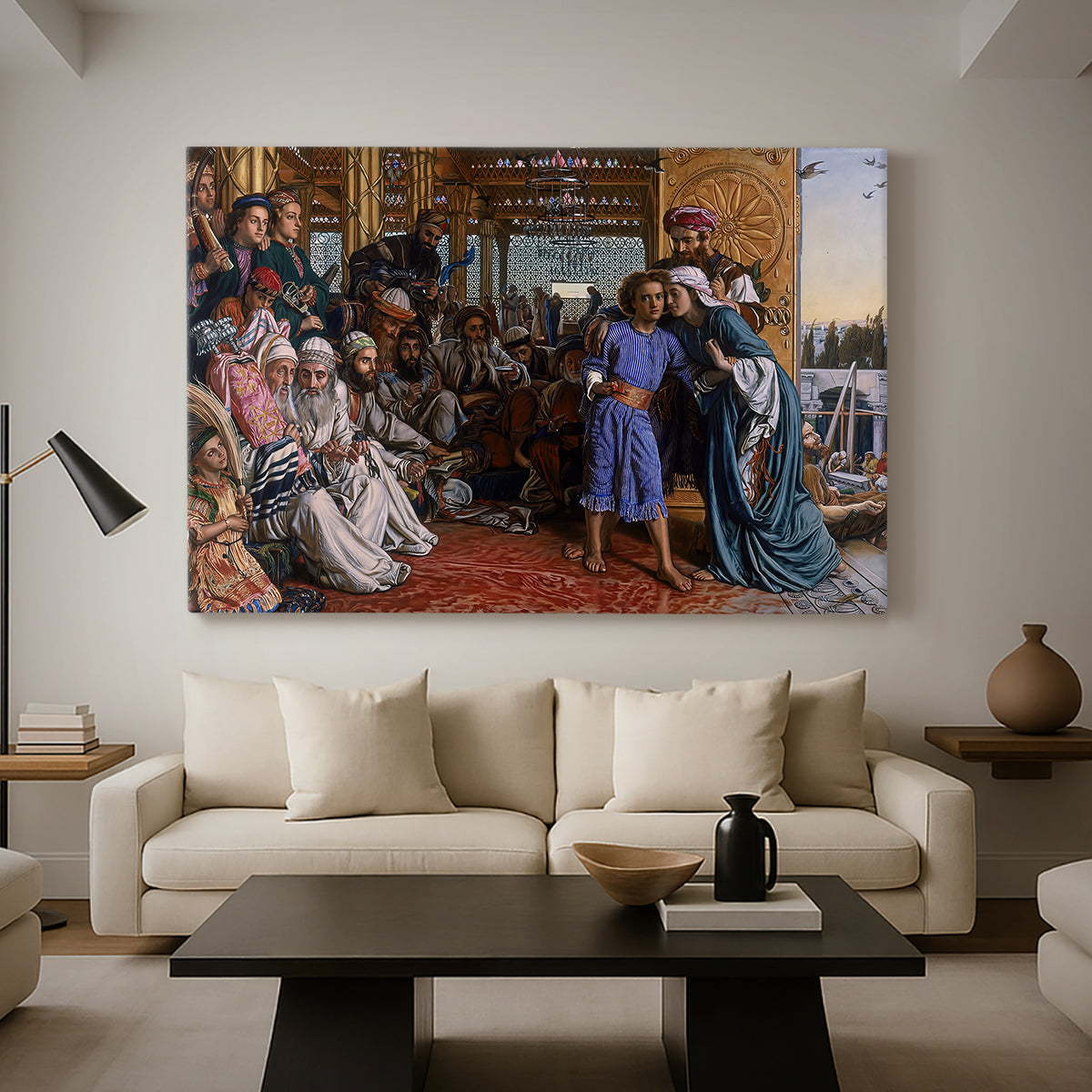 Canvas art print featuring a religious scene with figures arranged in architectural space, displayed in a spacious living room