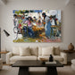 Canvas art print featuring an expressive depiction of coastal work activity, displayed in a spacious living room