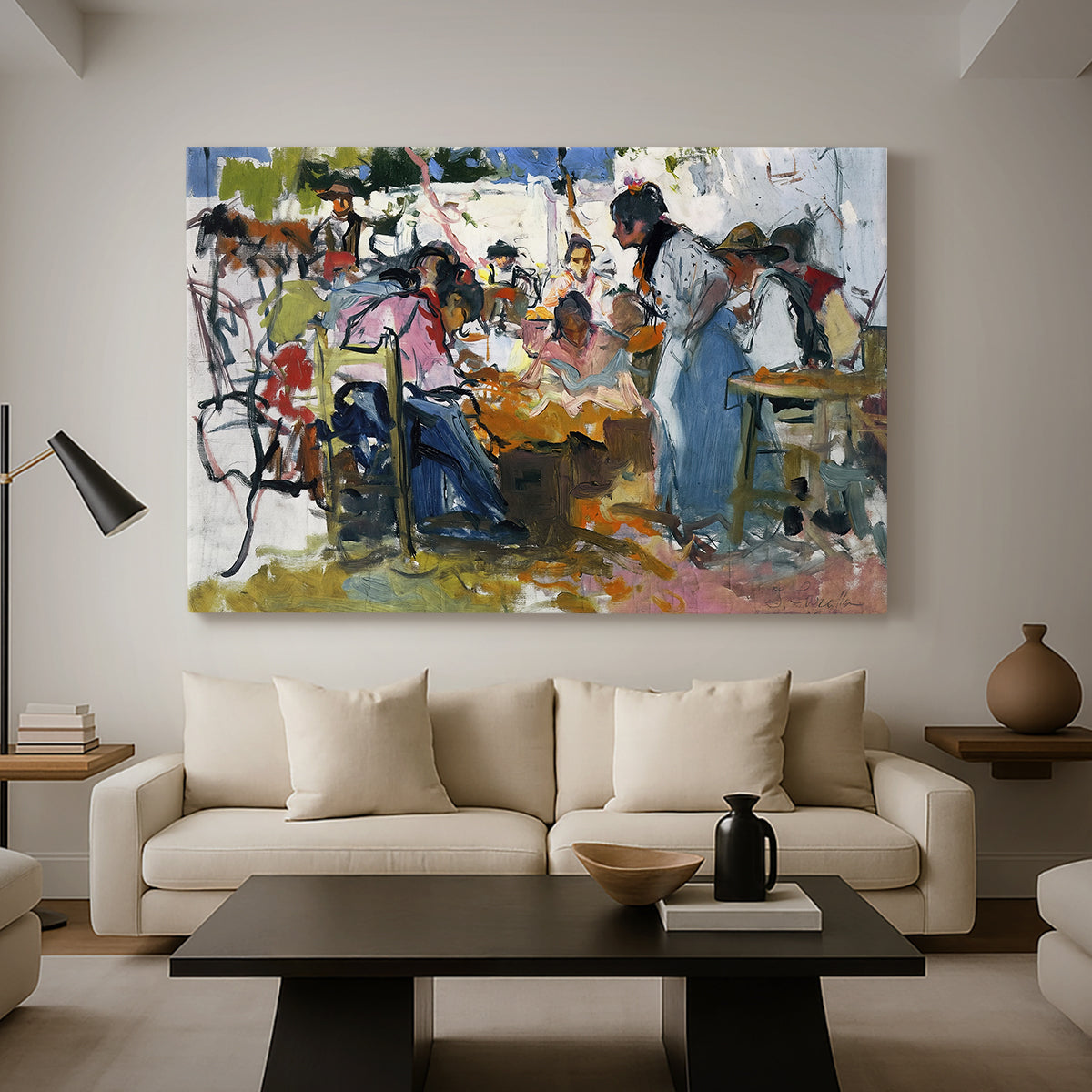 Canvas art print featuring an expressive depiction of coastal work activity, displayed in a spacious living room