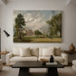 Canvas art print featuring a pastoral composition with building, displayed in a spacious living room